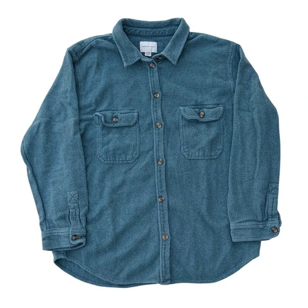 American Eagle Blue Green Shacket Button‎ Up Shirt Long Sleeve Cotton Mens XL - Picture 2 of 8